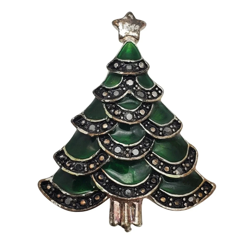 Vintage Christmas Tree Brooch Lapel Stick Pin Eisenberg Avon Holiday Rhinestone
